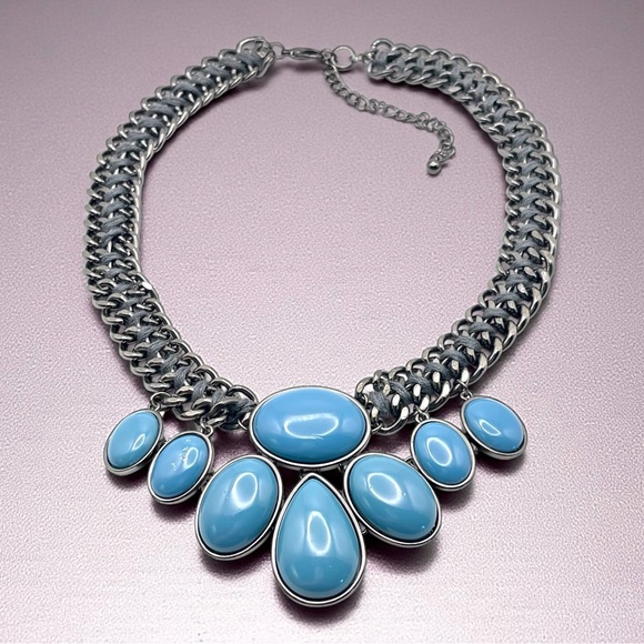 Double Chain Gun Metal Blue Teardrop Cabochon Bib Necklace Fashionable Statement - Picture 2 of 14
